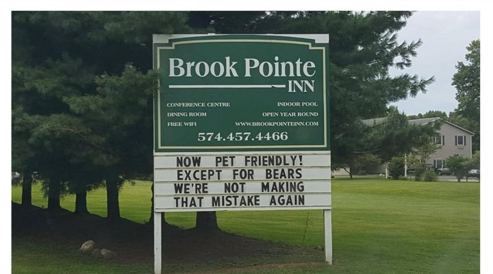 Brook Pointe Resort information board with phone number and text 'Now pet friendly! Except for bears, we're not making that mistake ever'